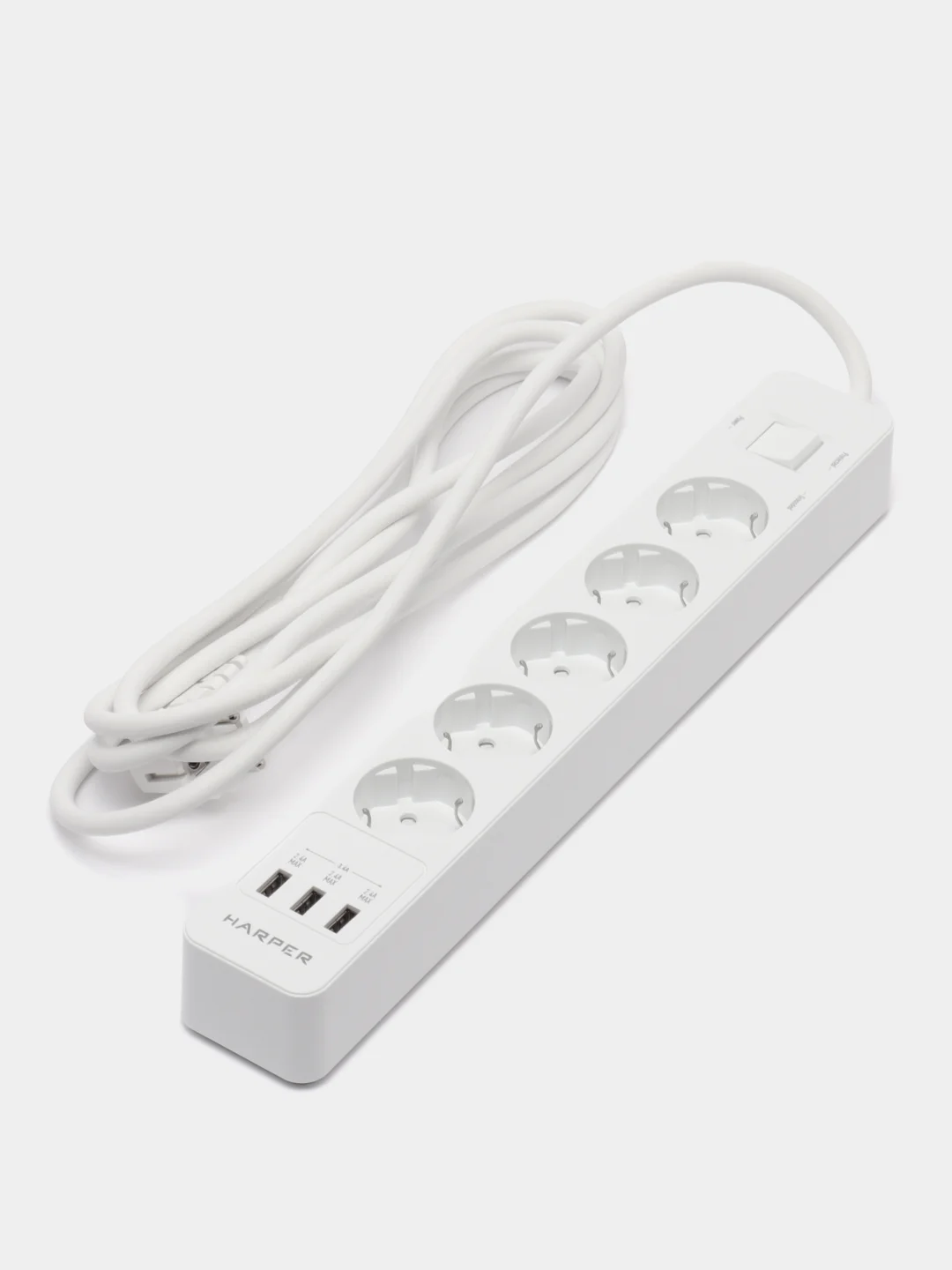 Белый сетевой фильтр Harper UCH-560, 3 метра, 5 розеток, 3 USB, 4000 Вт