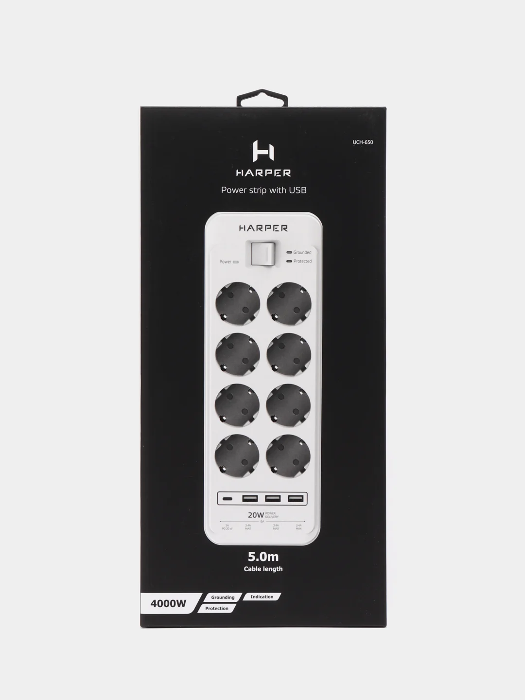 Сетевой фильтр Harper UCH-650 8 розеток,3-USB по 2,4А и 1-USB Type-C Power Delivery (20Вт)