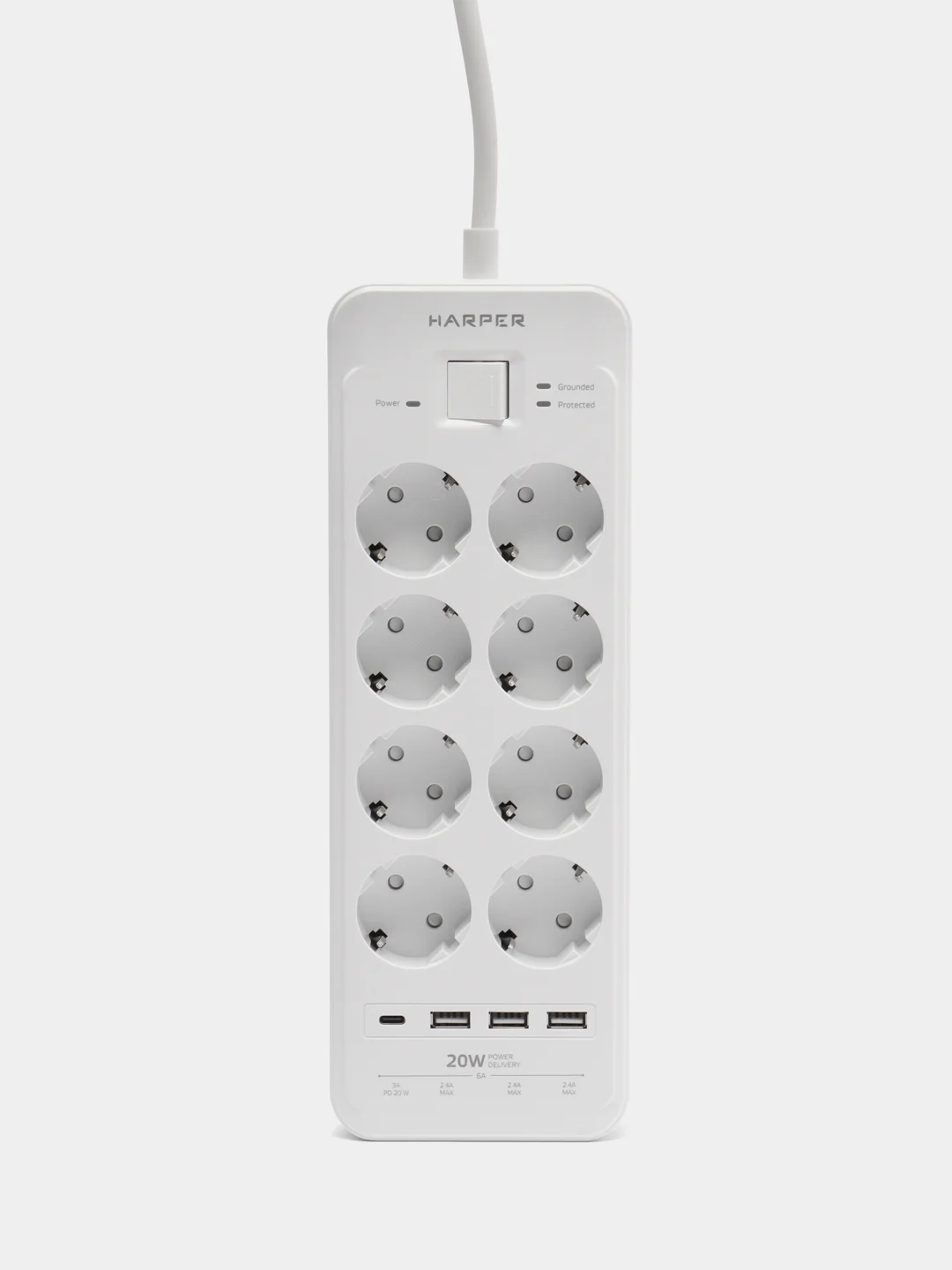 Сетевой фильтр Harper UCH-650 8 розеток,3-USB по 2,4А и 1-USB Type-C Power Delivery (20Вт)