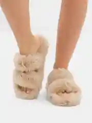Бежевый меланж женские домашние тапочки, меховые