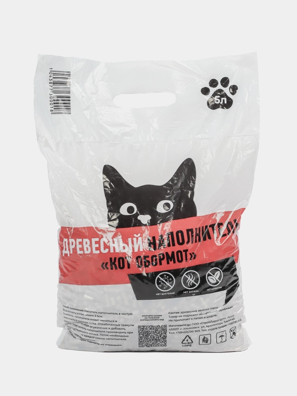 Наполнитель древесный "Кот Обормот" 5 л (2 кг) для кошачьего туалета