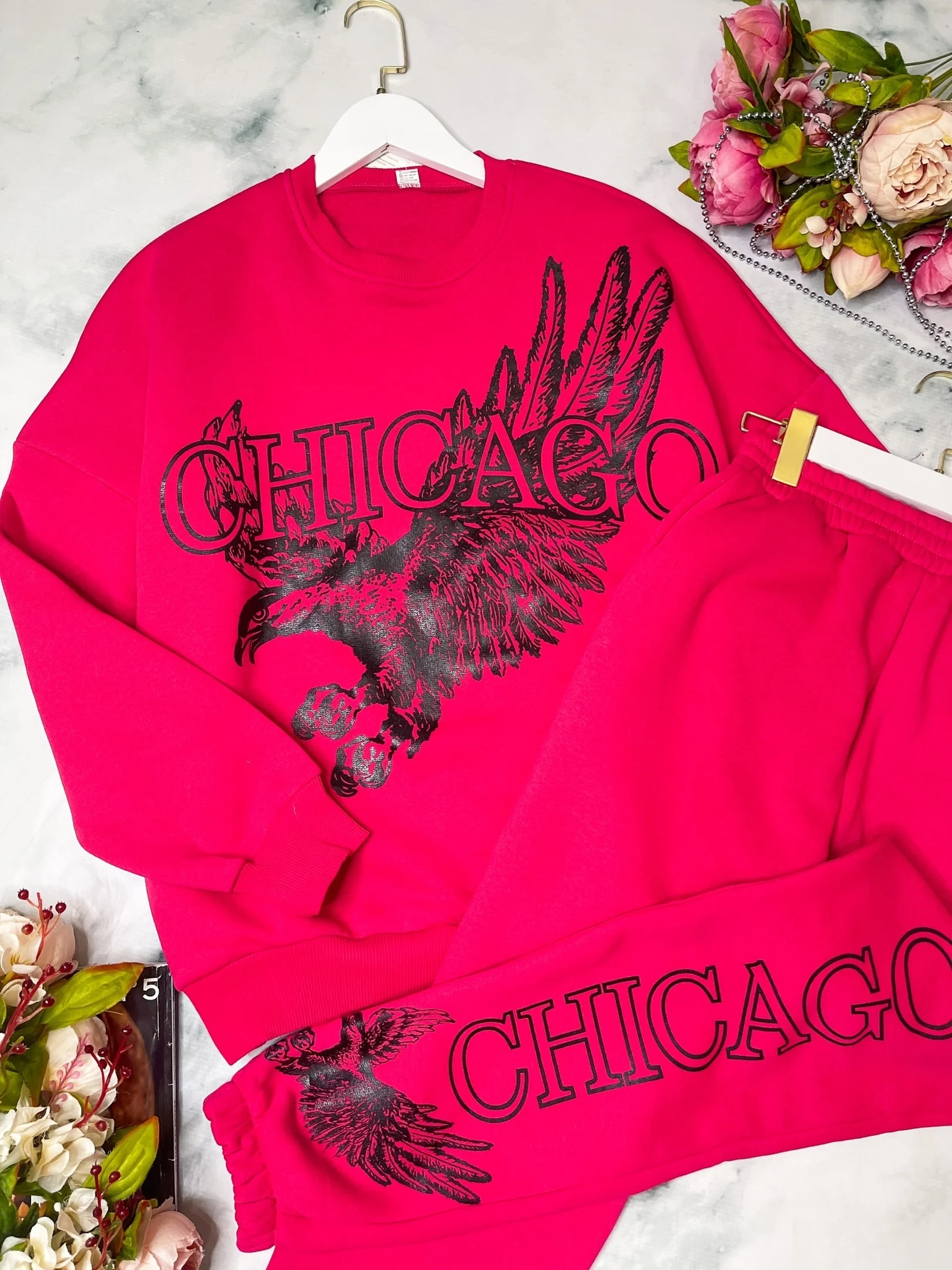 Тёмно-розовый спортивный костюм женский, на флисе, с принтом "CHICAGO": худи и штаны