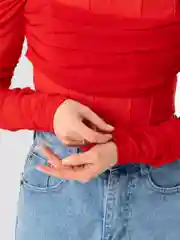 Красный корсетный топ с прозрачными рукавами