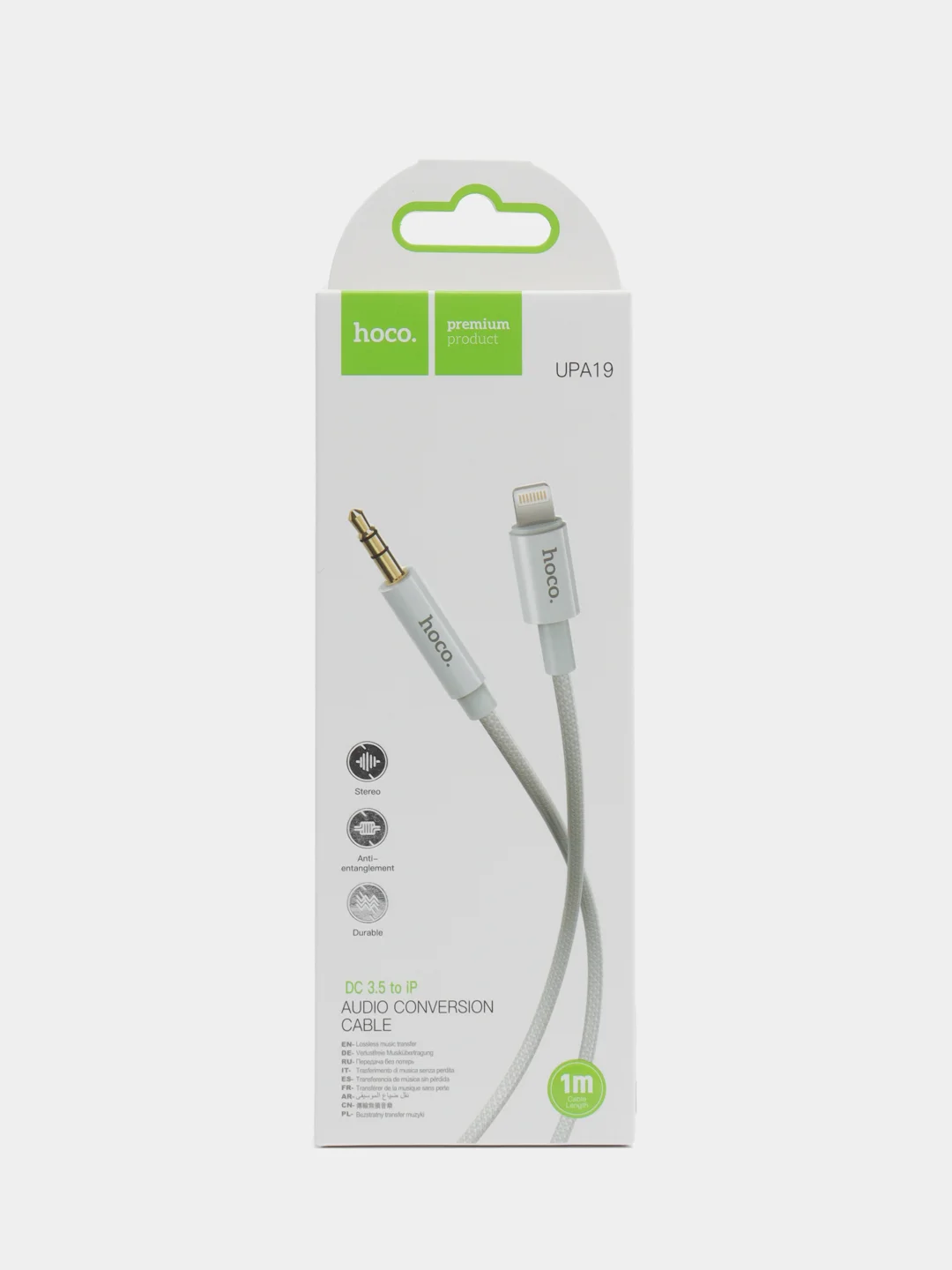 Белый кабель hoco UPA19, AUX, 3.5 mm, Lightning, 1 м, в оплетке, черный, премиум