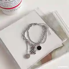 Серебряный многослойный браслет, браслет цепочка, браслет с мишкой