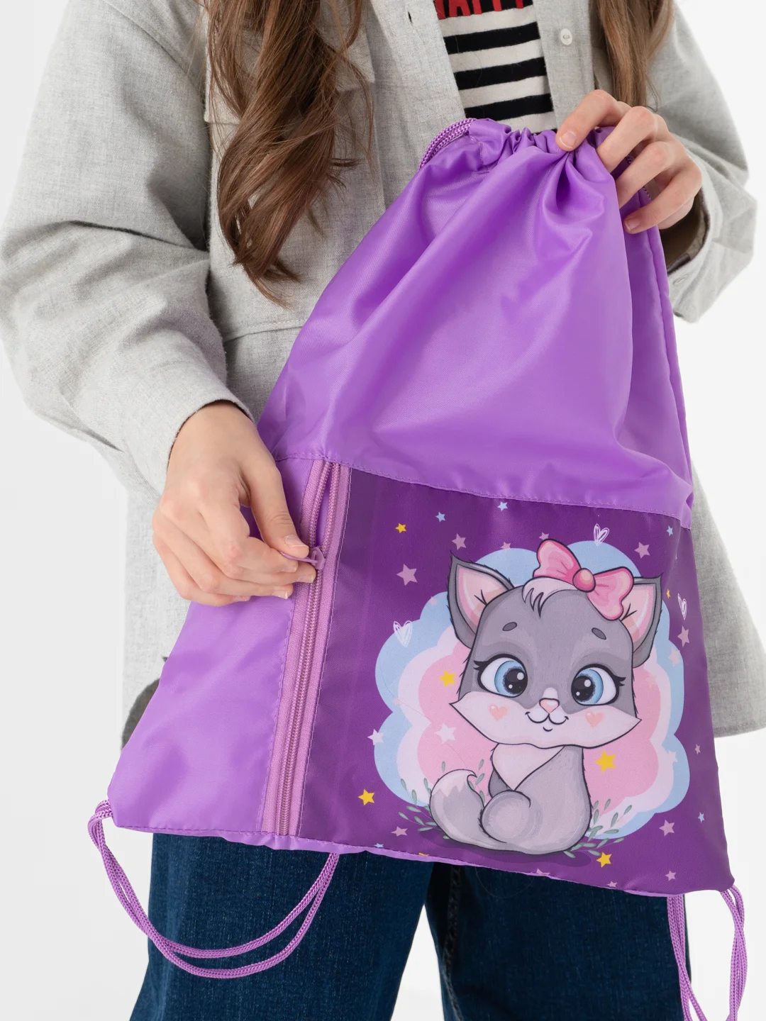 Мешок для обуви ЮНЛАНДИЯ, карман на молнии, 33х42 см, Cute kitty, 271053