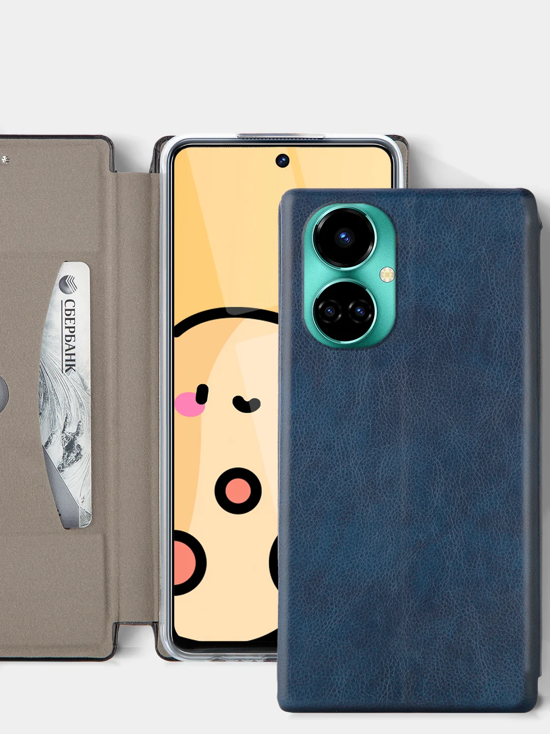 Синий чехол-книжка КАРТОФАН на Tecno Camon 19 и 19Pro, с функцией подставки и карманом, экокожа