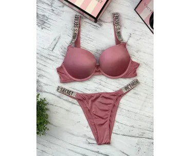 Бежевый комплект женского нижнего белья Victoria Secret: бюстгальтер и трусы