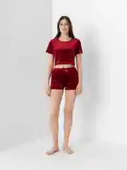 Красный пижама женская велюровая, укороченная футболка и шорты