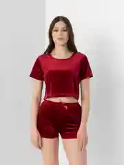 Красный пижама женская велюровая, укороченная футболка и шорты