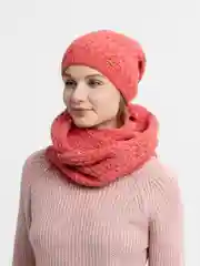 Коралловый комплект Амелия: шапка и снуд на флисе, бини женская осень-зима