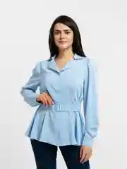 Голубой блузка женская, с рукавами, поясом и английским воротом