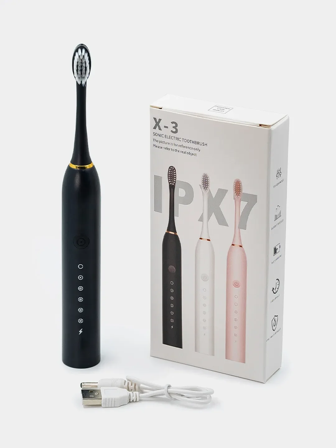 Черный электрическая зубная щетка SONIC TOOTHBRUSH X-3, звуковая, 6 режимов, 4 насадки