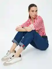 Темно-синий джинсы straight женские Zarina с высокой посадкой и длинными штанинами с подворотами