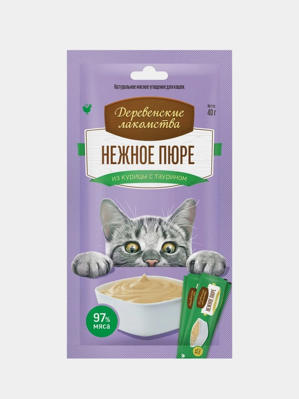 Лакомство для кошек Деревенские Лакомства "Пюре нежное", из курицы, 4 стика по 10 г