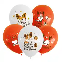 Воздушные шары "С Днём рождения" Веселый Корги 12"/30 см, 5 шт
