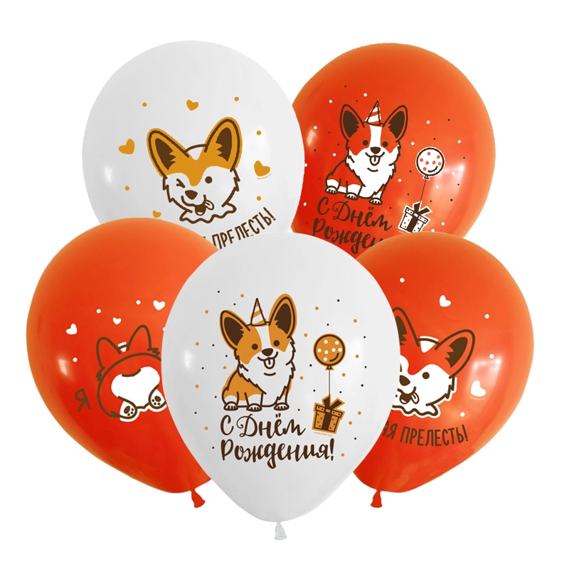 Воздушные шары "С Днём рождения" Веселый Корги 12"/30 см, 5 шт
