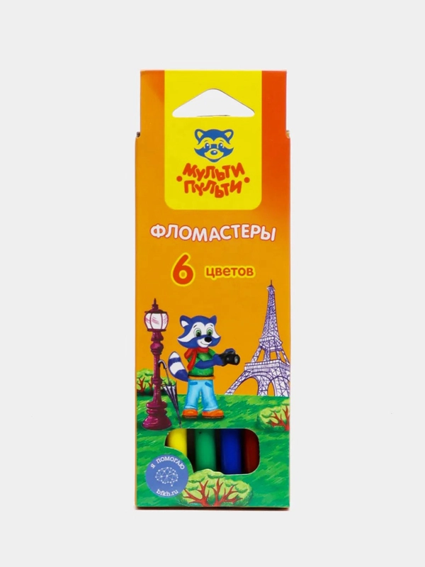 Фломастеры Мульти-Пульти "Енот во Франции", 6 цветов, смываемые, картон