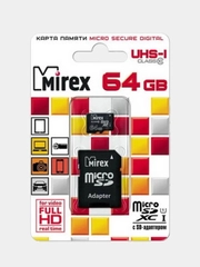 Карта памяти micro SDXC MIREX. 64GB, UHS-I, class 10, с адаптером
