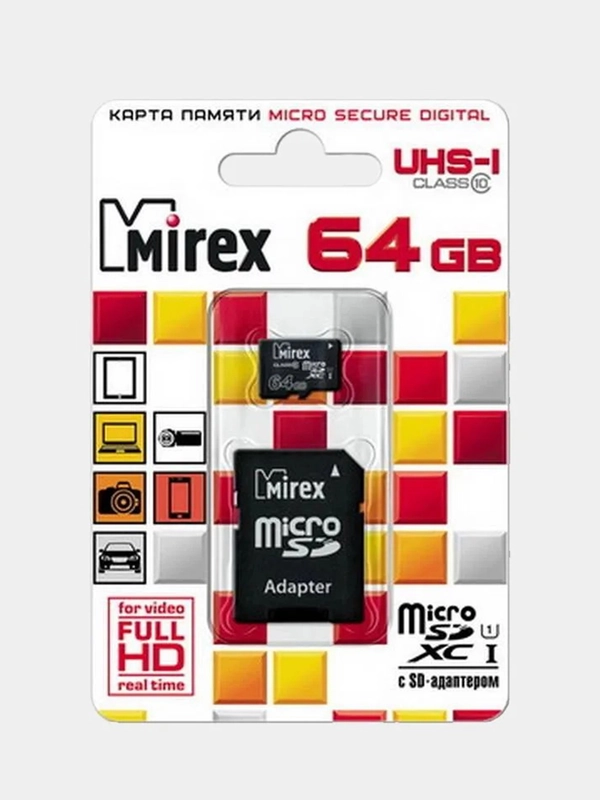Карта памяти micro SDXC MIREX. 64GB, UHS-I, class 10, с адаптером