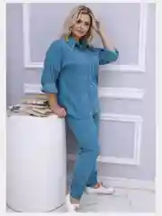 Лазурный вельветовый костюм женский, большой размер