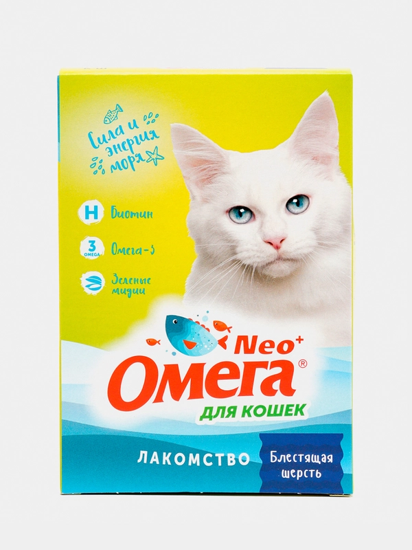 Лакомство Омега Neo витамины для кошек "Блестящая шерсть", с таурином, 90 таб., 60 г