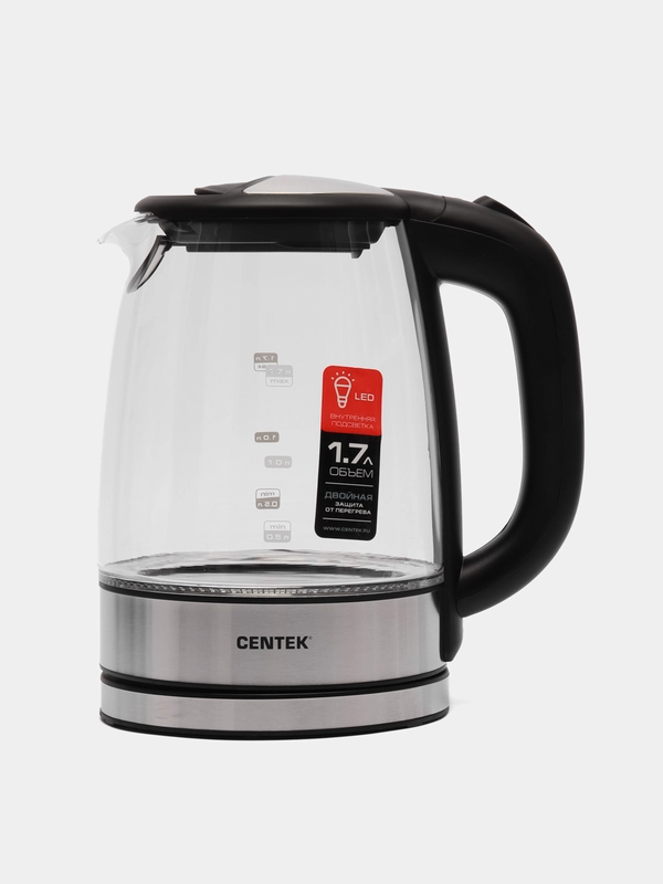 Чайник Centek CT-0058 Sydney, стекло, 1.7 л, 2200 Вт, LED-подсветка