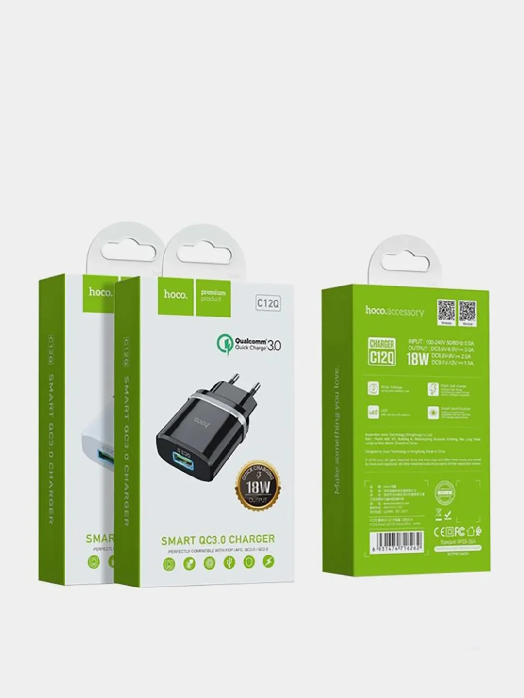 Белый сетевое зарядное устройство HOCO C12Q, QC3.0, до 3A, 18W