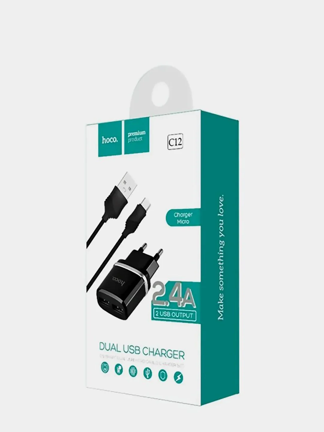Черный сетевое зарядное устройство HOCO C12, с кабелем Micro USB для android, до 2.4A