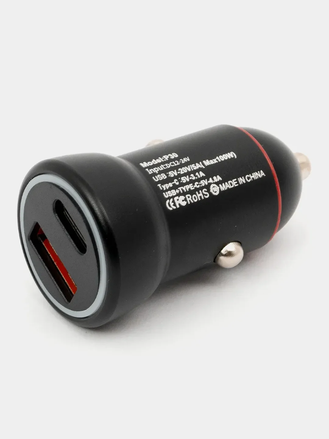 Черный автомобильное зарядное устройство в прикуриватель 100W с Type-C, USB с быстрой зарядкой