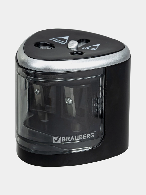 Точилка электрическая BRAUBERG DUAL (для 2 диаметров карандашей!), 4 батарейки АА, черная
