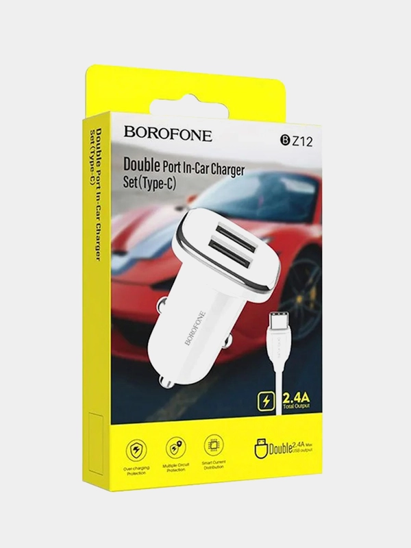 Автомобильное зарядное устройство BZ12, 2.4A, 2 USB + кабель Lighting/Type-C/microUSB
