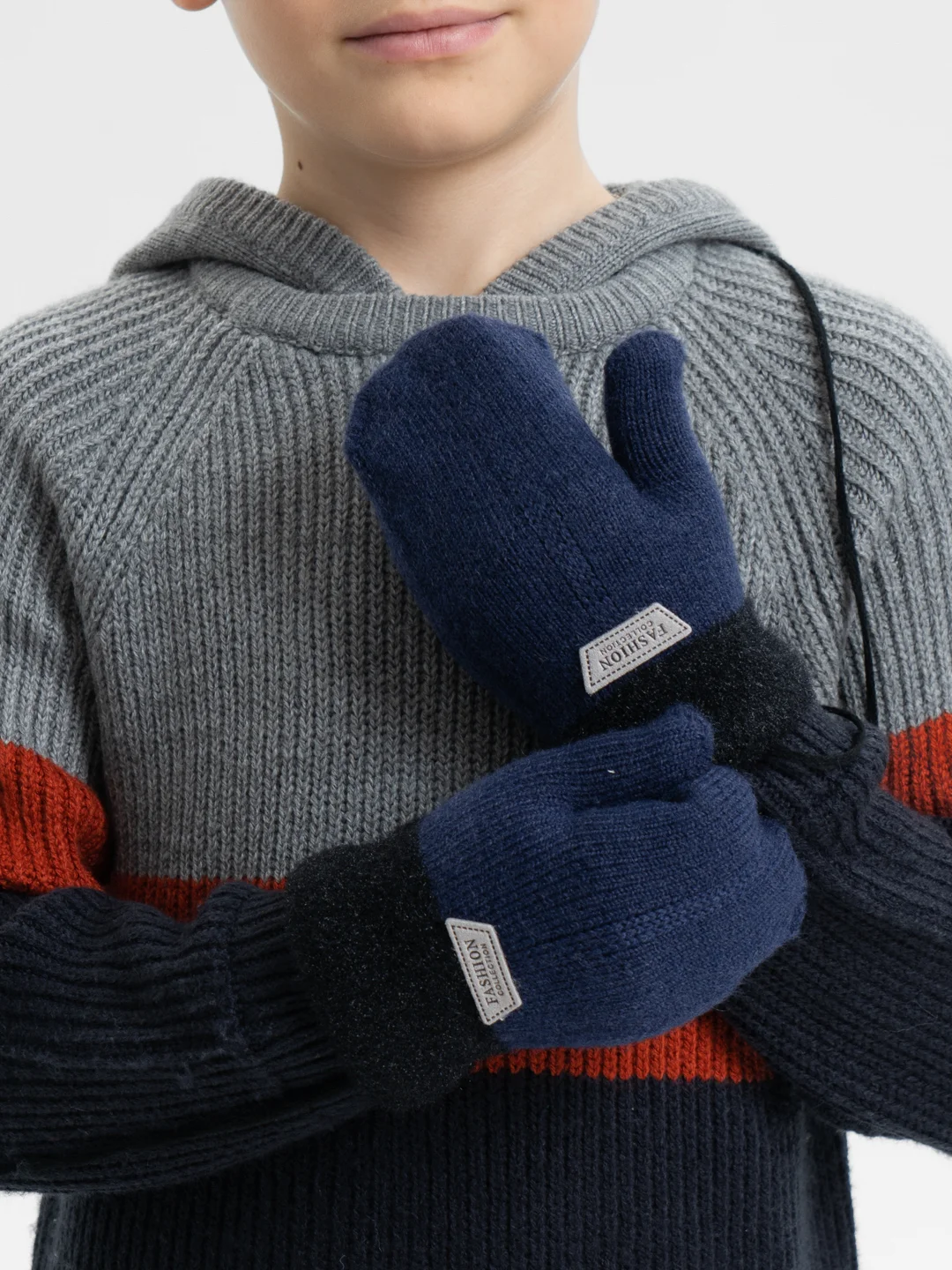 Темно-синий варежки детские, зимние на веревке, 3-6 лет