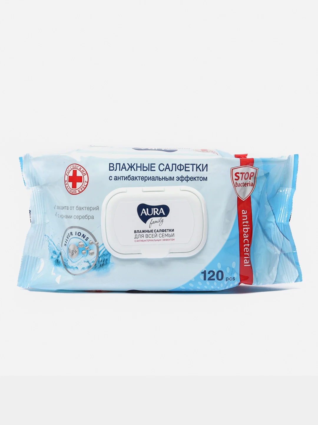 Салфетки влажные AURA family антибактериальные, 120 штук, с клапаном