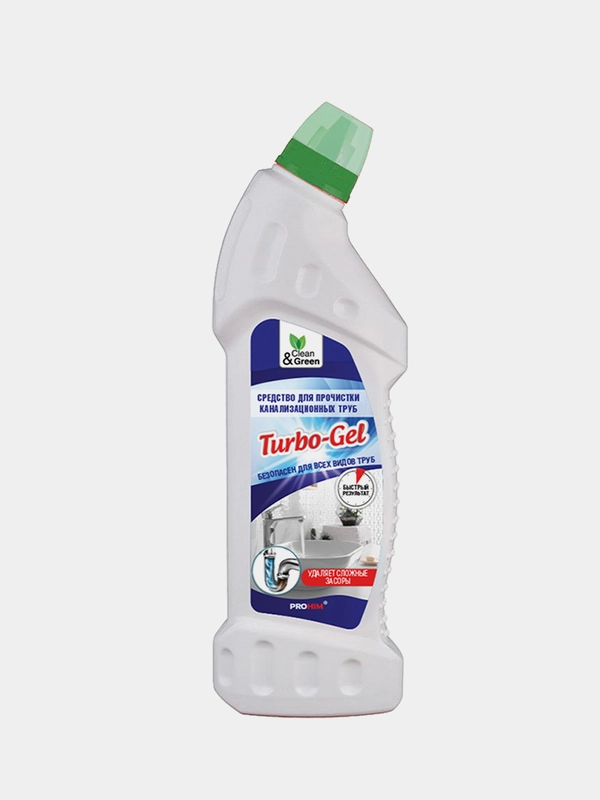 Средство для прочистки канализационных труб "Turbo-Gel" (щелочное) 750 мл. Clean&Green