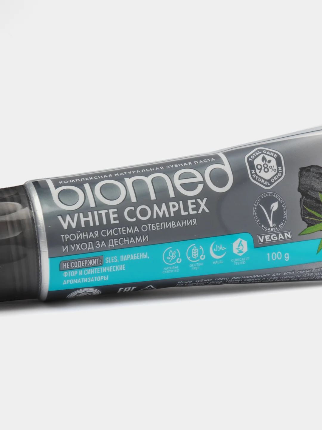 Зубная паста BIOMED WHITE COMPLEX, отбеливающая с углем, черная, без фтора, 100 мл