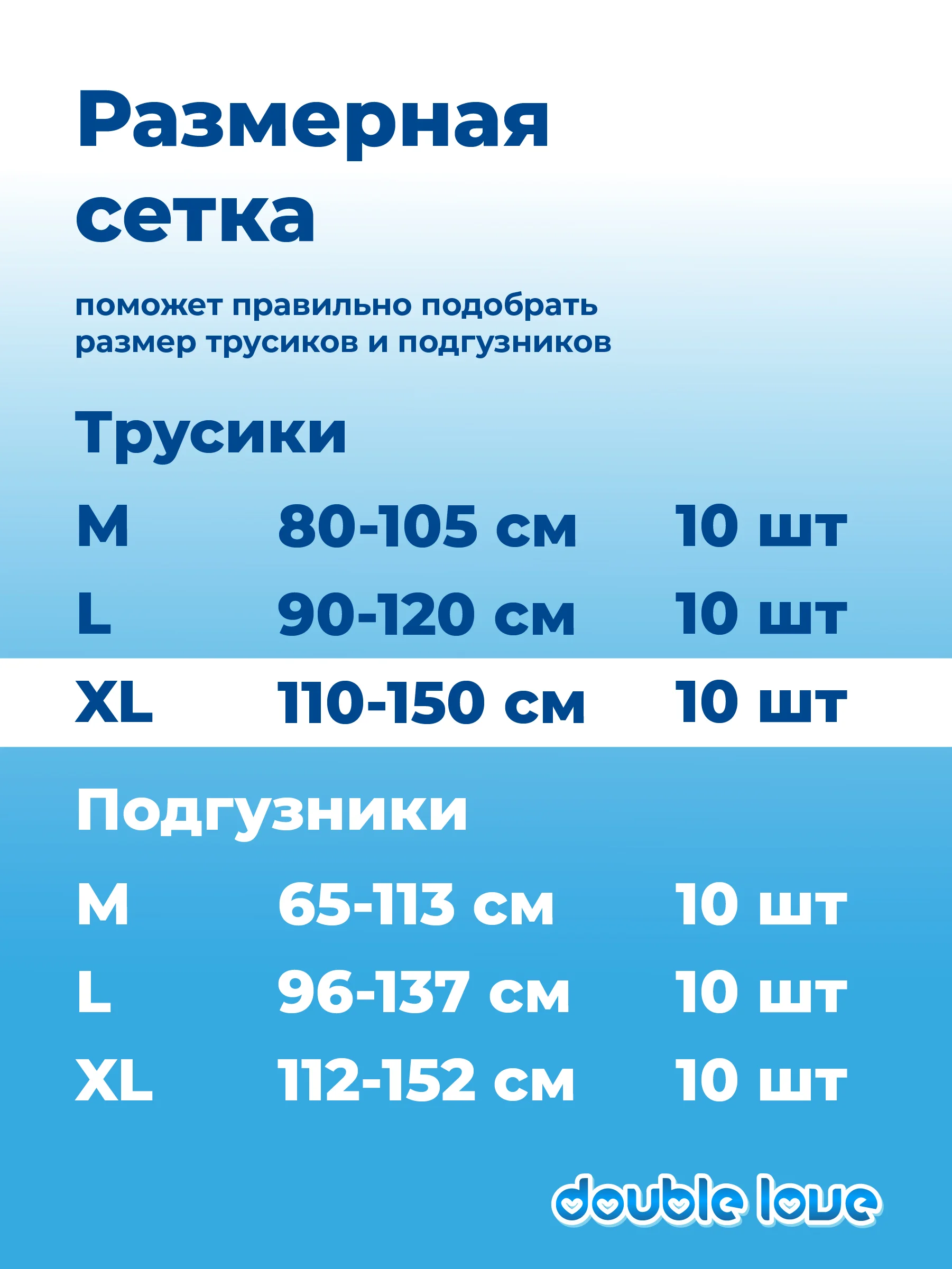 Трусы подгузники для взрослых Double love, размер XL, обхват 110-150 см, 10 штук