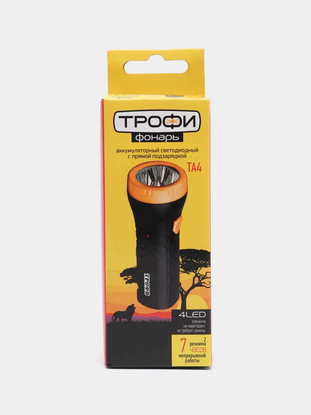 Аккумуляторный фонарь ручной ТРОФИ TA4, 4V, 0.5Ah, 4св/д, черный пластик, 2 режима, 220V