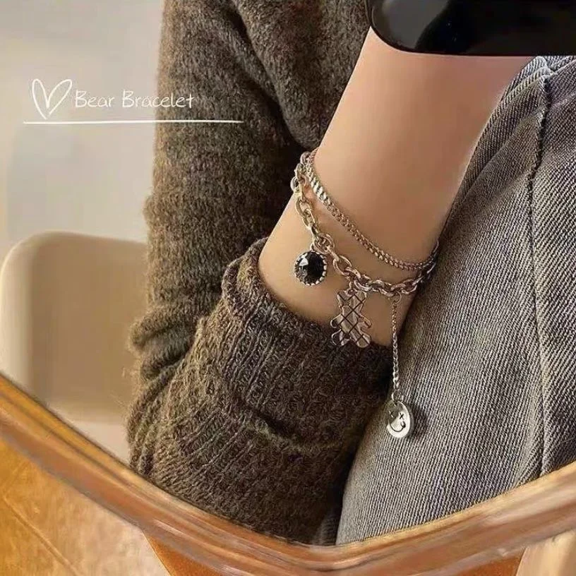 Серебряный многослойный браслет, браслет цепочка, браслет с мишкой