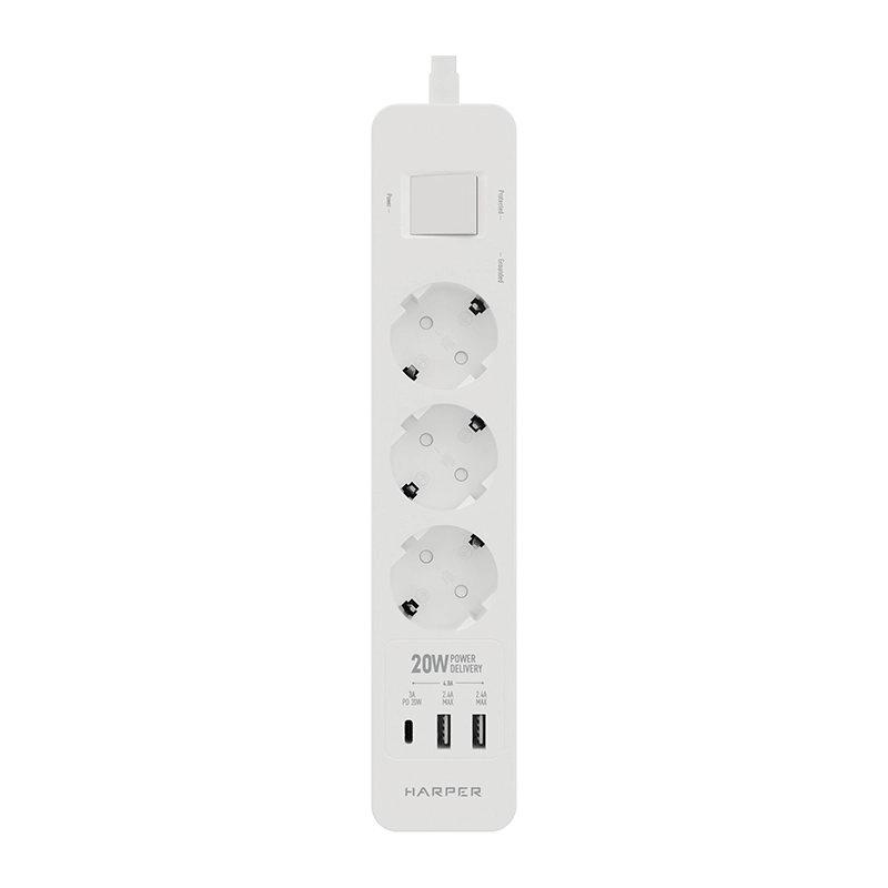 Сетевой фильтр Harper UCH-350, 1,5 метра, 3 розетки, 2 USB, Type-C, 4000 Вт