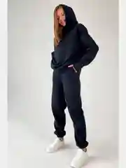 Черный женский костюм на флисе спортивный, оверсайз
