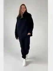 Черный женский костюм на флисе спортивный, оверсайз