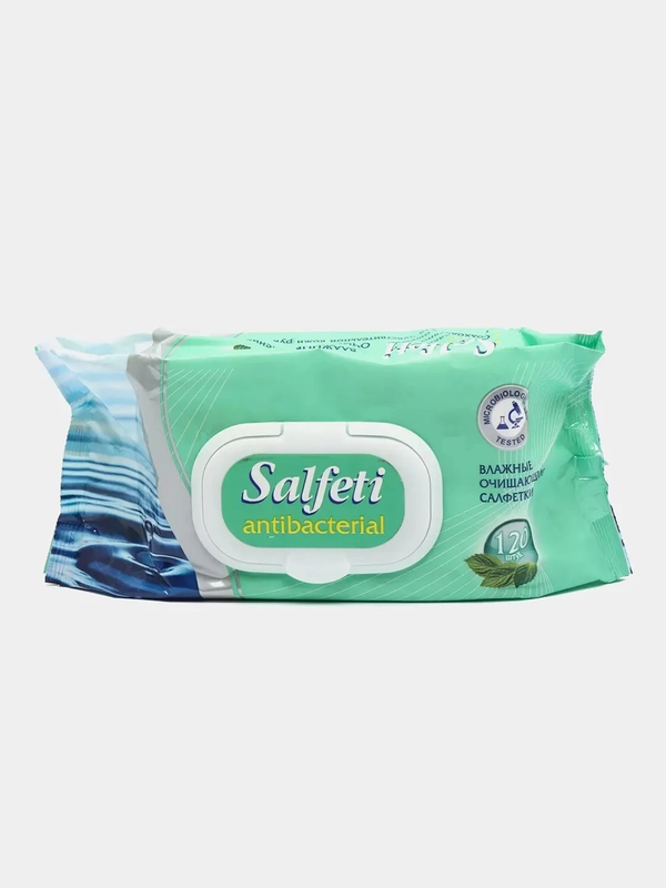 Влажные салфетки с клапаном Salfeti, антибактериальные, 120 штук