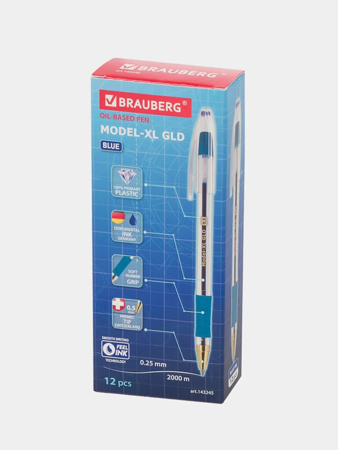 Ручка шариковая Brauberg Model-XL GLD, синяя, комплект 12 штук, 0,25 мм