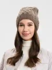 Песочный хаки шапка женская  Колосок, бини вязаная на флисе, зима-осень