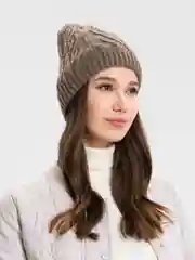 Песочный хаки шапка женская  Колосок, бини вязаная на флисе, зима-осень