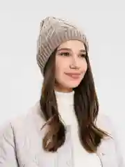 Коричневый шапка женская  Колосок, бини вязаная на флисе, зима-осень