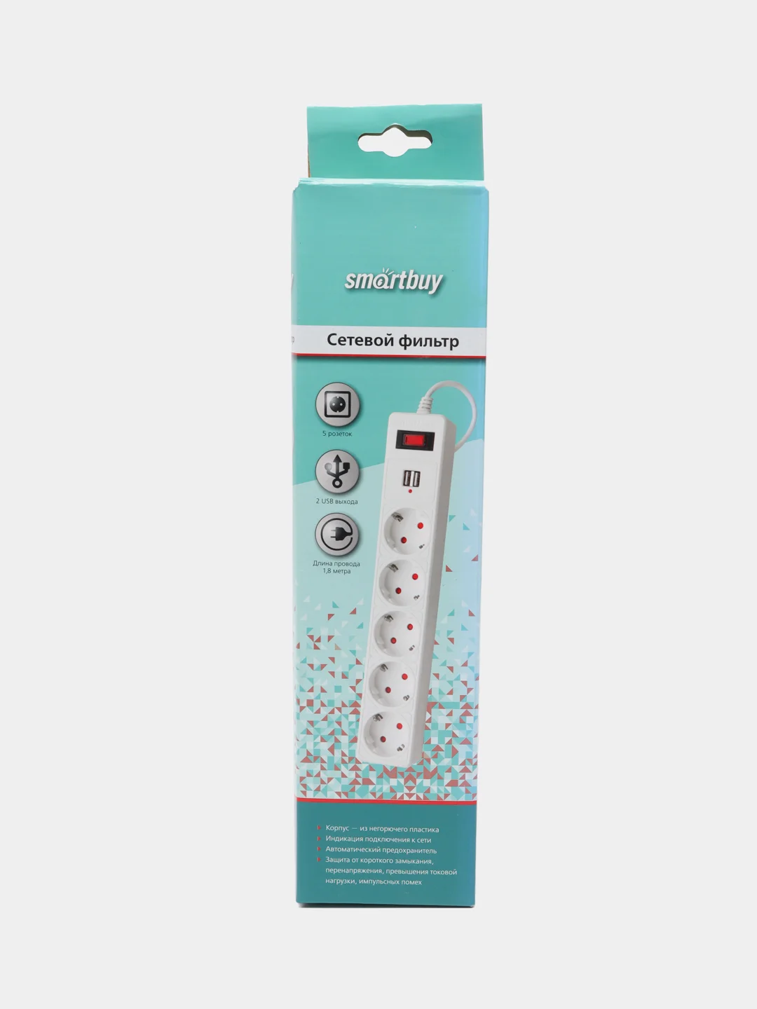 Белый сетевой фильтр Smartbuy SBSP-18U-W, 5 розеток, 2 USB, 1,8 м
