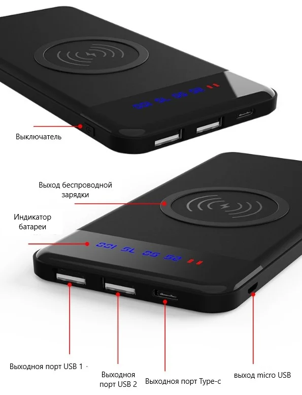 Повербанк, 8000 mAh с беспроводной зарядкой для смартфонов