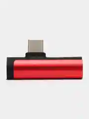Красный переходник разветвитель для зарядки и наушников Type-C 2 в 1